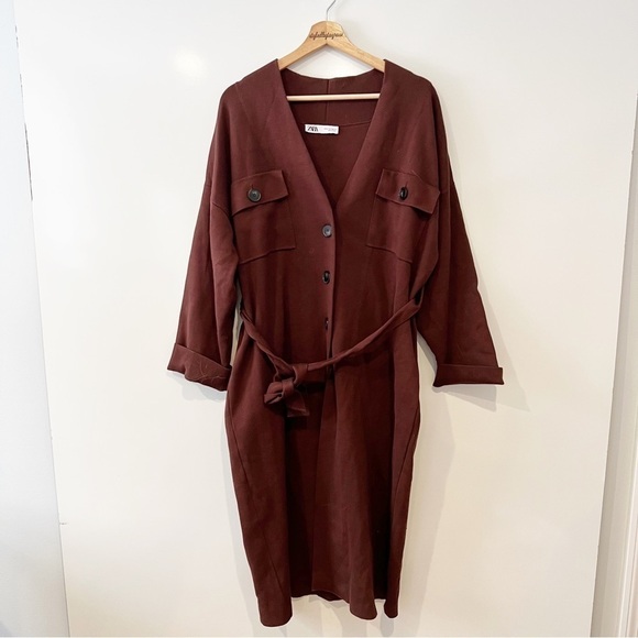 Zara Brown Knit Trench Coat with Belt - Picture 6 of 16